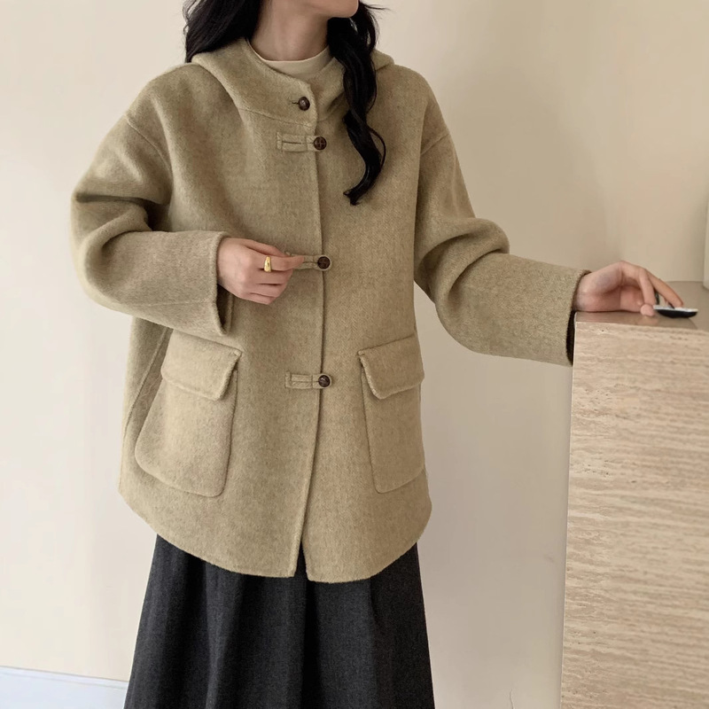2025 Autumn/Winter Double-Sided Woolen Coat with Hood and Button Closure, Mid-Length Wool Coat for Petite Women, Thickened 2025 Autumn/Winter Double-Sided Woolen Coat with Hood and Button Closure, Mid-Length Wool Coat for Petite Women, Thickened