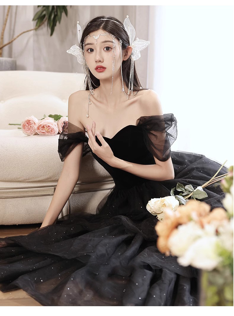Đầm dạ hội đen lệch vai dáng chữ A thanh lịch — đen chi tiết 10