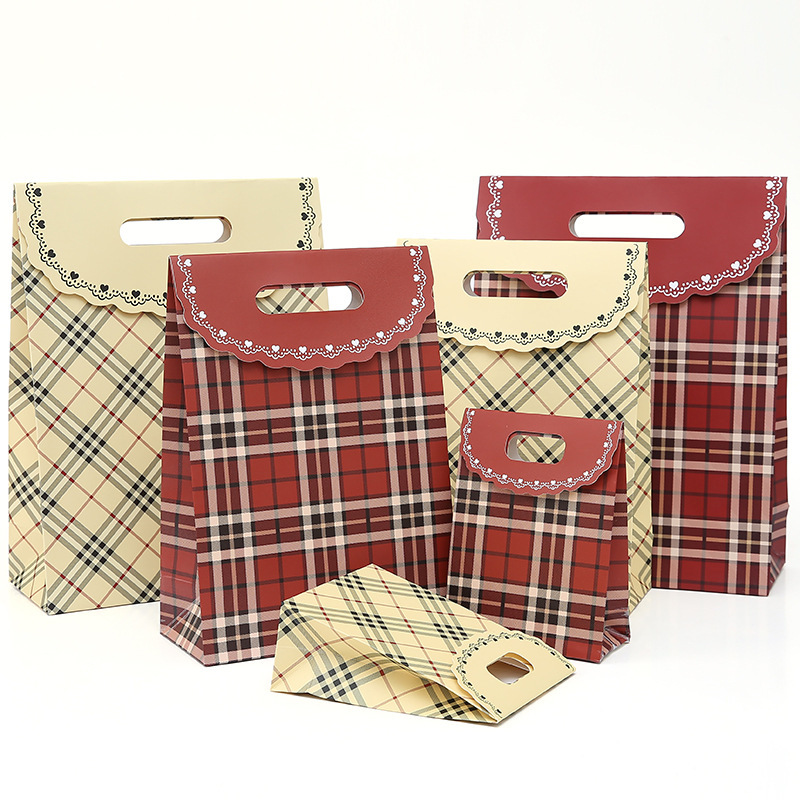 歐式商務深紅色底 格子紋禮品袋 手提袋 化妝品伴手禮紙袋回禮袋
