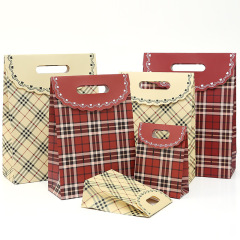 歐式商務深紅色底 格子紋禮品袋 手提袋 化妝品伴手禮紙袋回禮袋