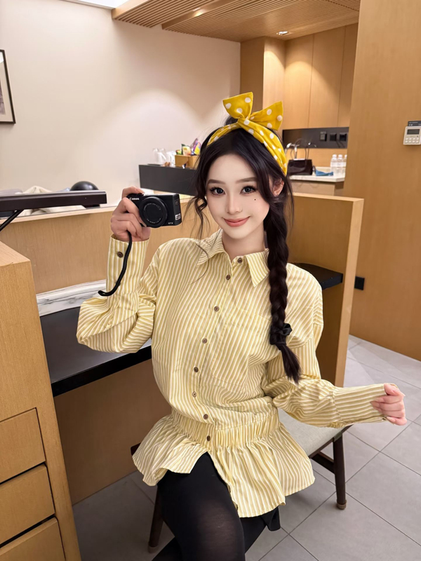美式甜辣中长款条纹衬衫女装早秋设计感收腰显瘦别致小衫绝美上衣|undefined