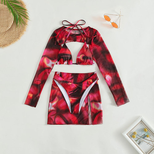 2025 Western European tie-dye bikini set women's long sleeve cover-up beach bikini swimwear