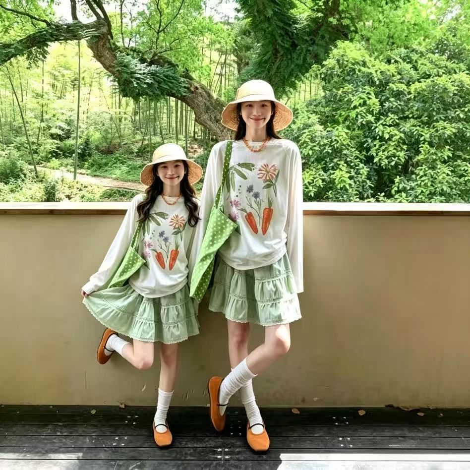 Girls' Summer Set 2026 New Style Ice Silk Sunscreen Long-Sleeved Cover-Up Top and Green Dress Two-Piece Set