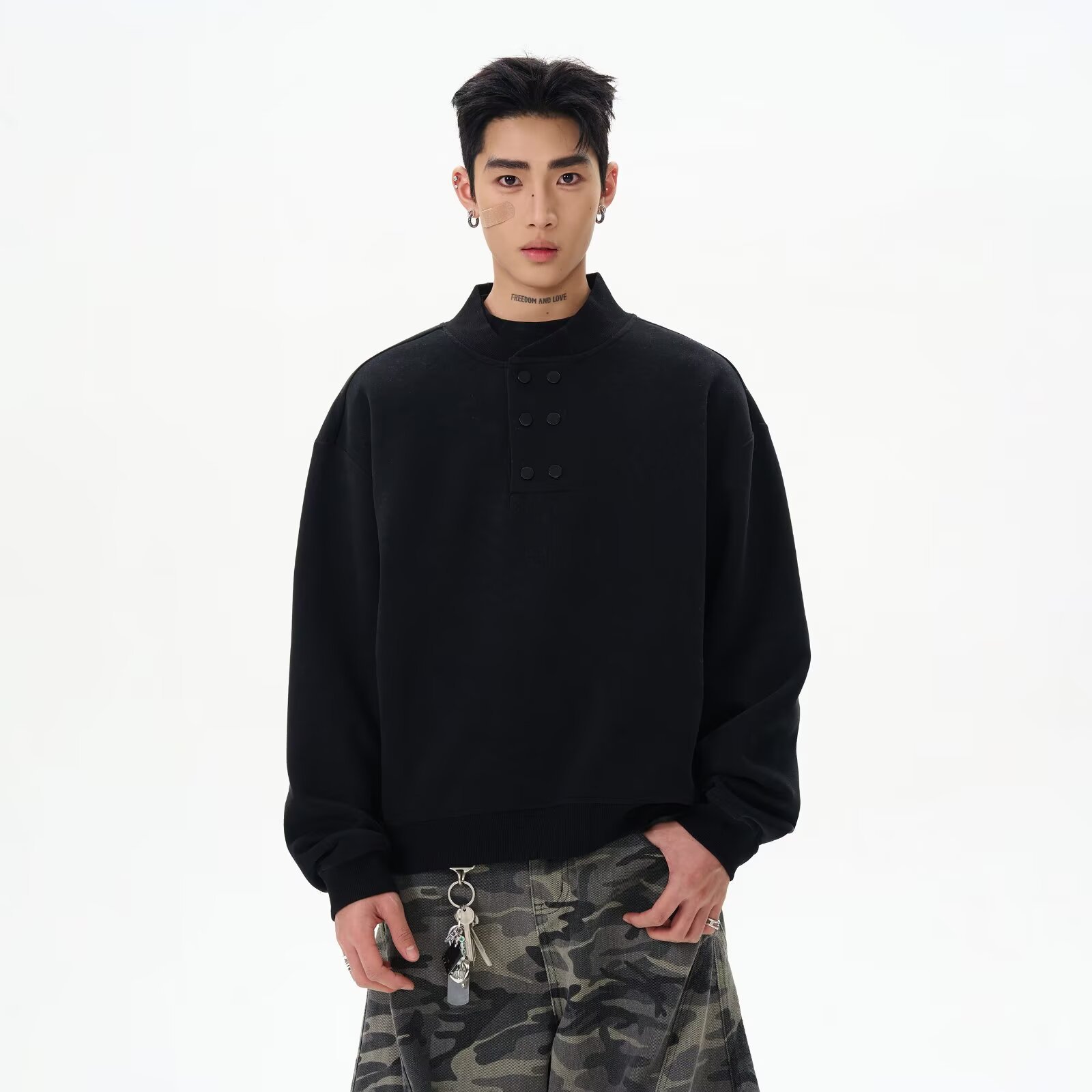 美式高街cleanfit亨利领双排扣卫衣男秋季百搭休闲boxy短款上衣潮