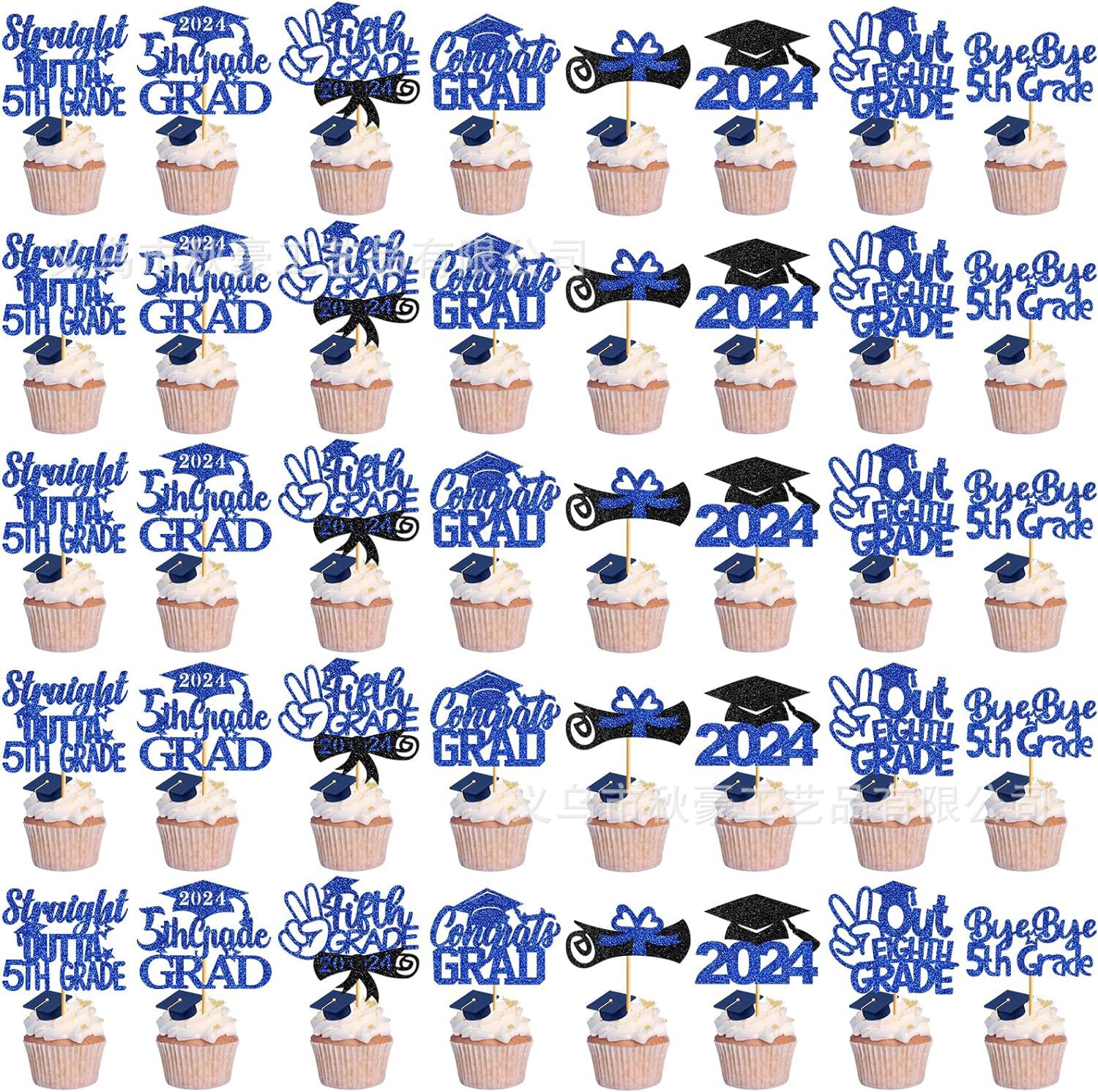 40 piezas de cupcakes de graduación, 2024, brillo azul, decoración de fiesta de graduación de quinto grado, nuevo estilo