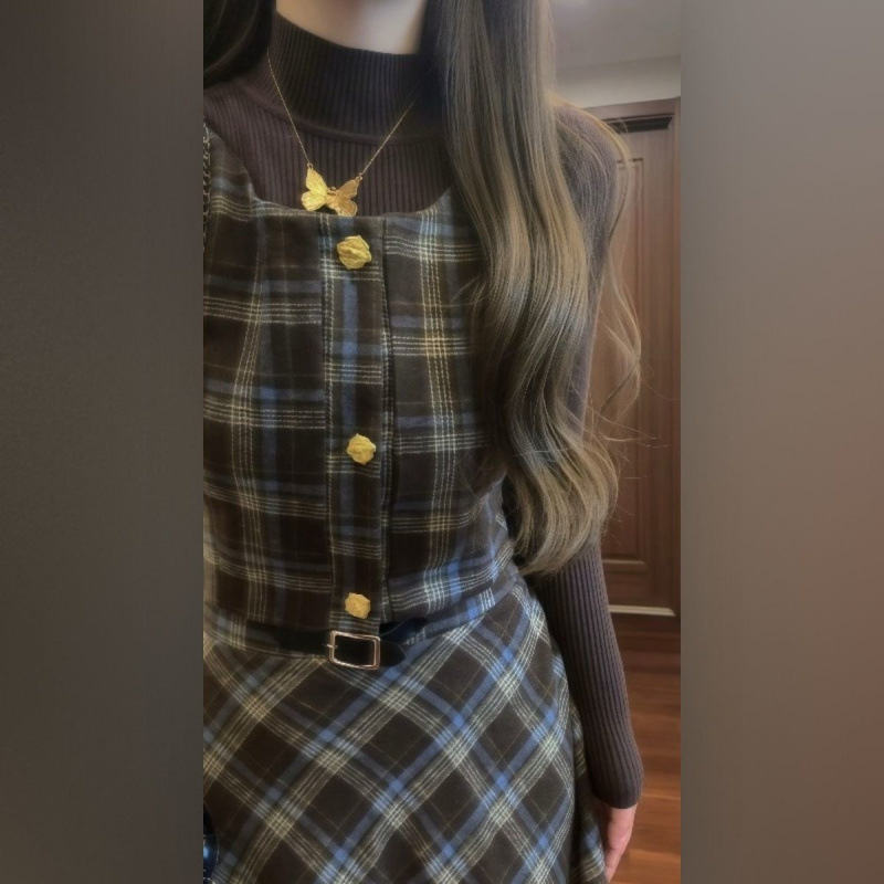 秋冬法式复古针织衫打底毛衣毛呢格子马甲格纹高腰半身裙三件套女|undefined