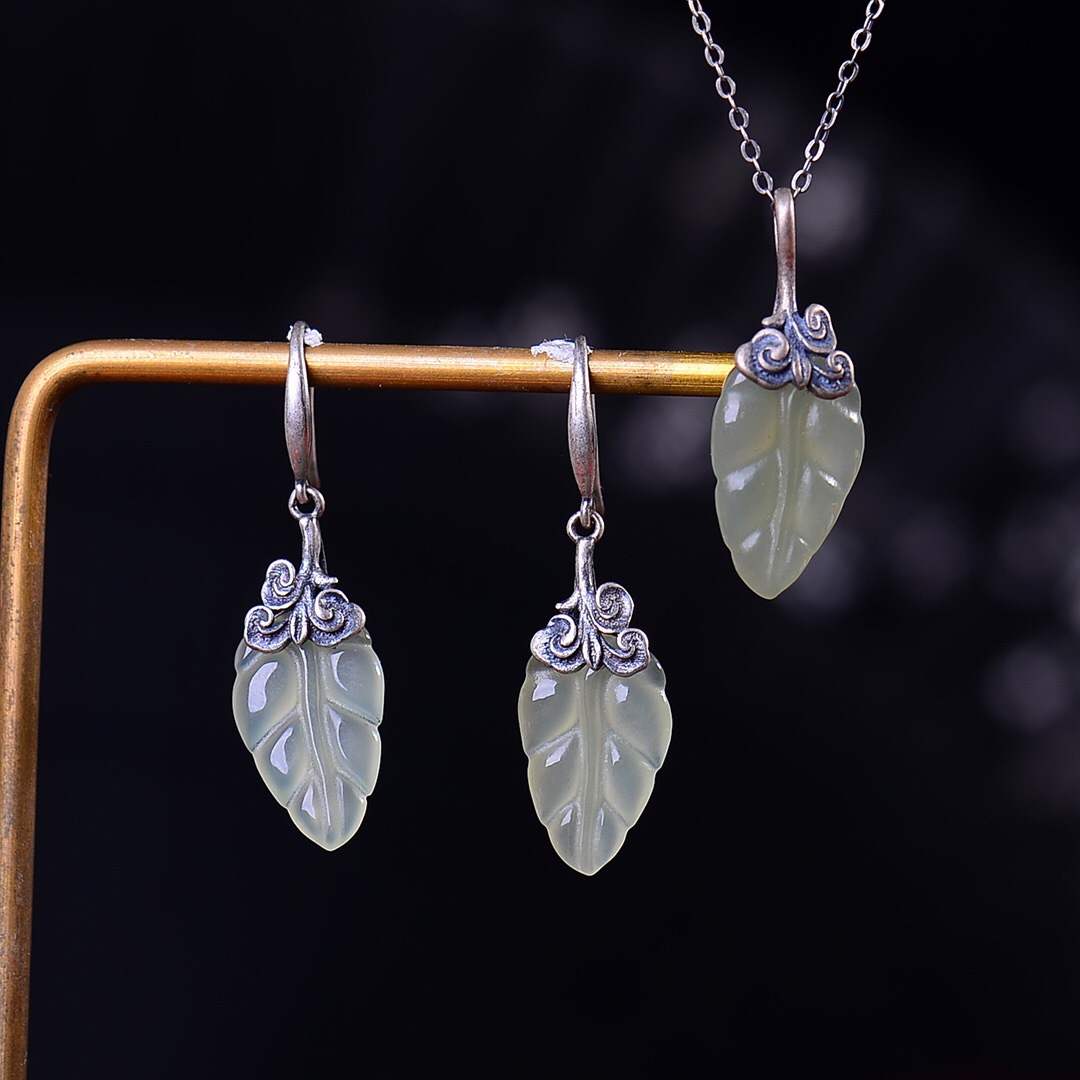Bamboo Yeqing and Tian Yu Jinzhi Yuxi Pendant Earrup Retro Old Silver Tree Leaf Set Jewelry Jewelry
