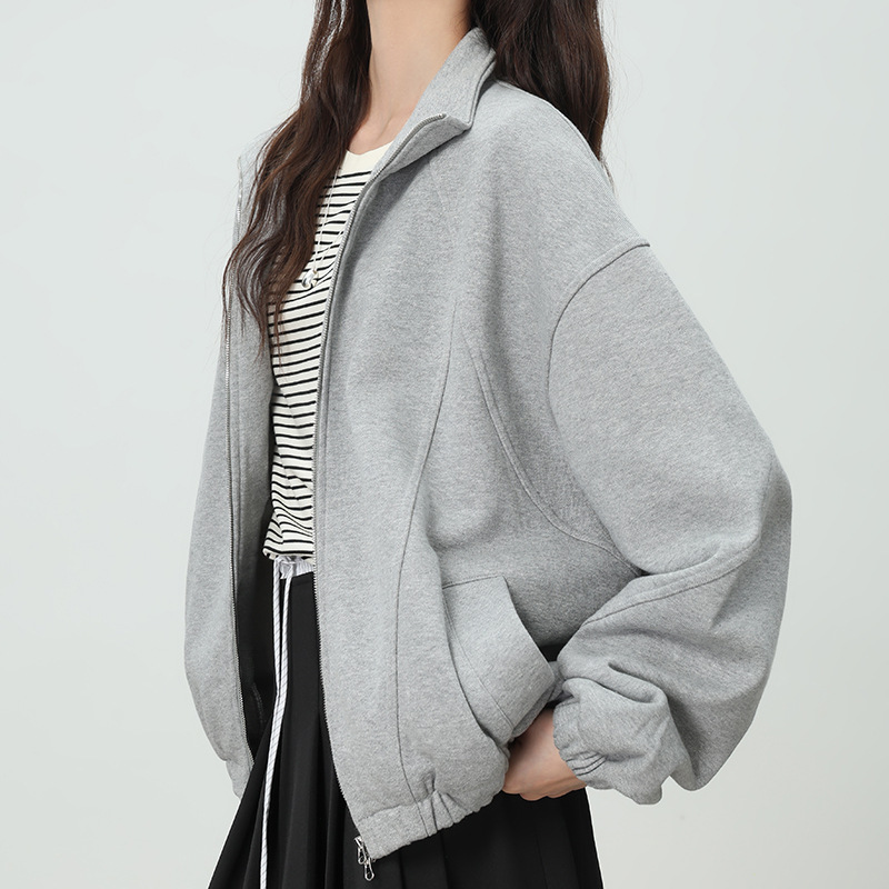 Stand Collar Loose Sweatshirt Women's Cardigan 2025 Autumn and Winter Casual 450g Terry Cotton Zipper Jacket Slim Outer Top