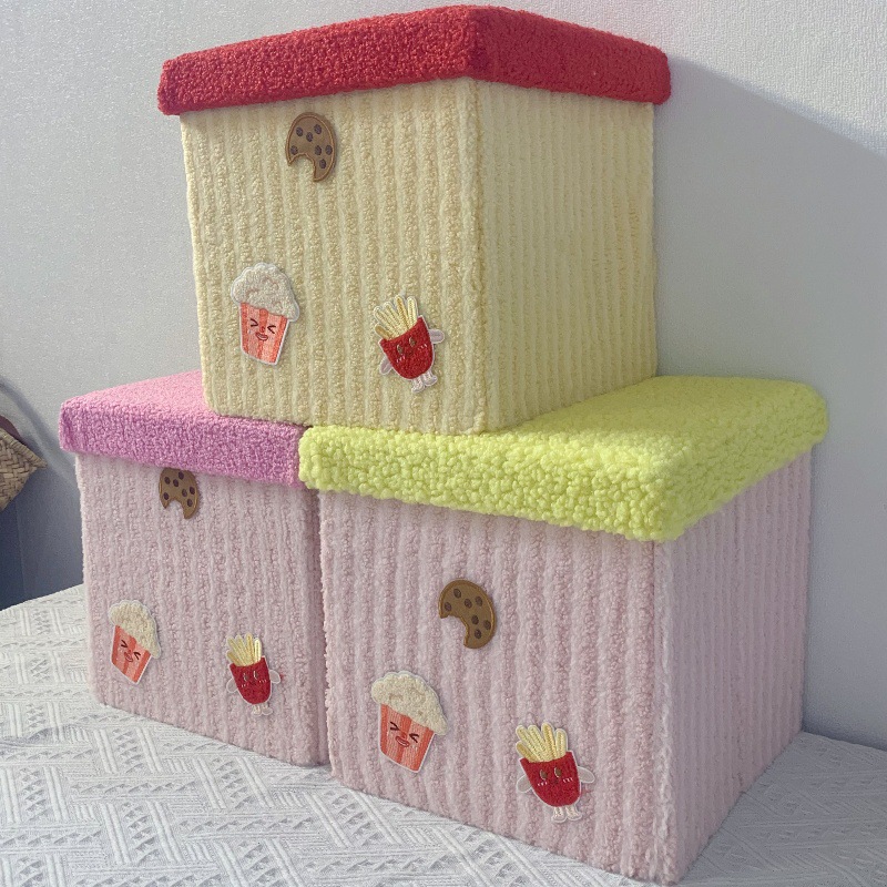 A可爱多巴胺收纳筐新款零食带盖换鞋凳卡通玄关带盖折叠可坐换鞋