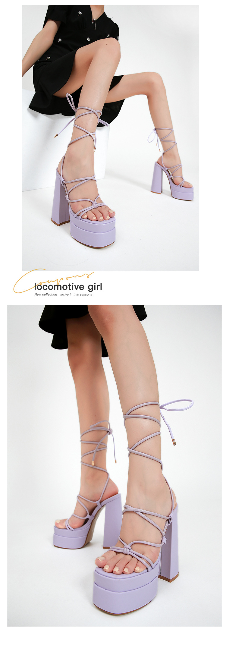 Sandal cao gót La Mã nữ quai dây mảnh, gót 9 cm, phong cách catwalk — Màu tím chi tiết 9