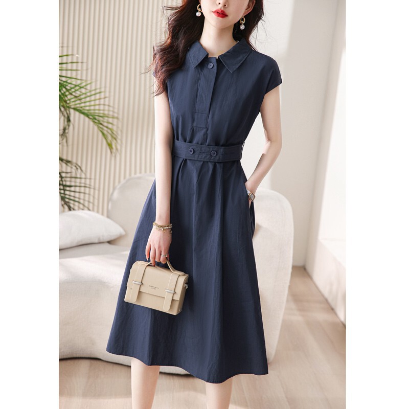French Style Short-Sleeved Polo Collar Shirt Dress 2025 Spring and Summer Tall and Hip-Hugging Lace-Up Mid-Length Skirt for Women