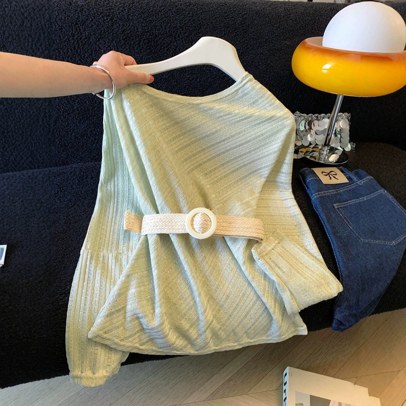 Light Blue Gentle Style Off-Shoulder Lightweight Long-Sleeve Knit Top for Women, Summer Loose Breathable T-Shirt Cover-Up Trendy Women's Top Light Blue Gentle Style Off-Shoulder Lightweight Long-Sleeve Knit Top for Women, Summer Loose Breathable T-Shirt Cover-Up Trendy Women's Top