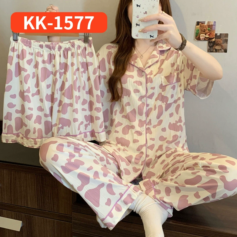 Пижама 3‑предметный набор (милый), короткий рукав, принт бантик, размеры M–2XL