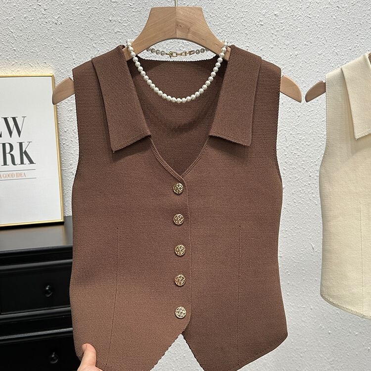 Chanel-Style Ice Silk Knit Vest for Women, Thin Summer Outerwear, Sleeveless Cardigan with a Turn-Down Collar Chanel-Style Ice Silk Knit Vest for Women, Thin Summer Outerwear, Sleeveless Cardigan with a Turn-Down Collar