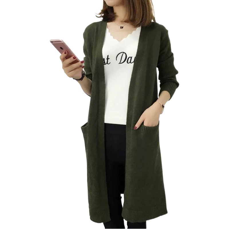 Новая осенне-зимняя трикотажная одежда, женский кардиган средней длины, шаль с большим карманом в Корейском стиле, свободный свитер больших размеров, Женское пальто