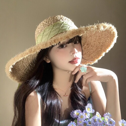 French bow Raffie straw hat women summer big hat brim sun protection hat beach beach vacation knit hat