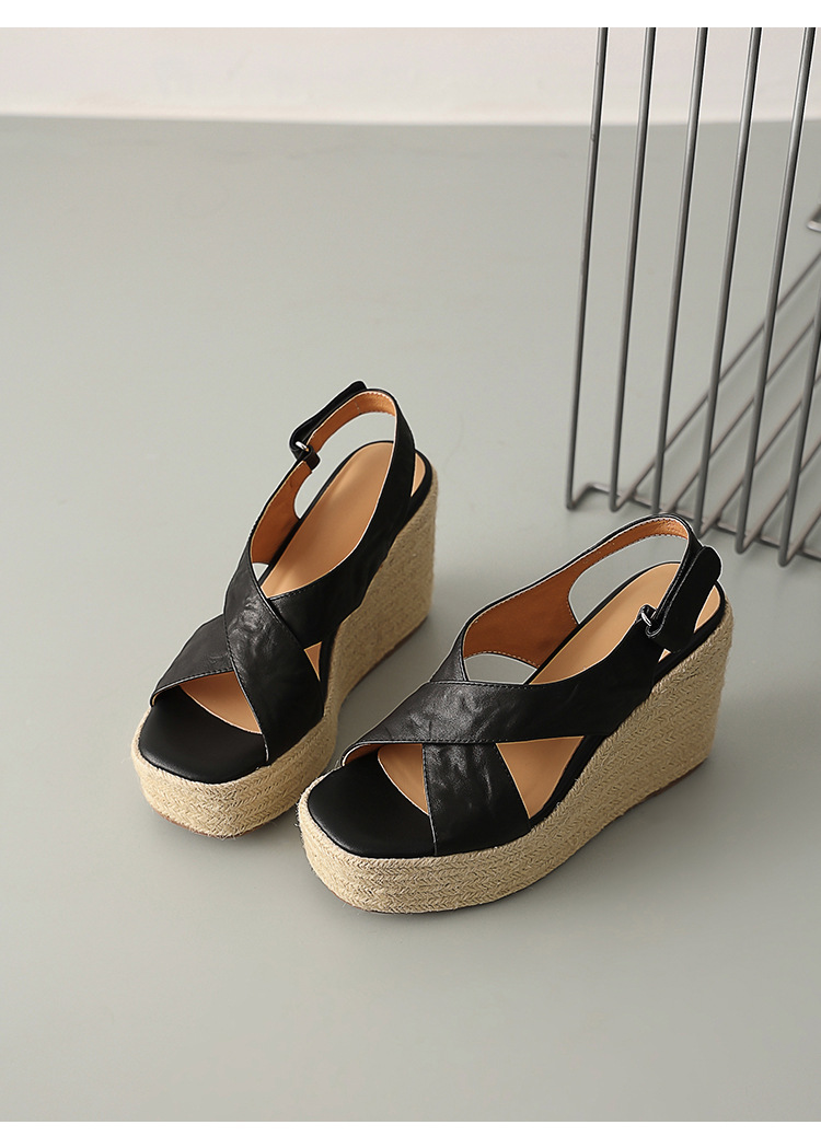 Sandal cao gót nữ hở mũi phong cách Pháp quai chéo da bò, đế xuồng cao gót 9 cm, đế platform 3 cm — màu nâu, màu đen, màu trắng ngà chi tiết 23