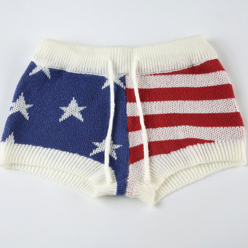 Street Sexy Low Waist Star Stripes Contrast Color Woolen Shorts Sexy Lace up Slim Fit All Match Retro Pants