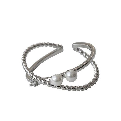 S925 sterling silver double-layered cross pearl ring, feminine, high-end, trendy index finger ring, cool style open ring