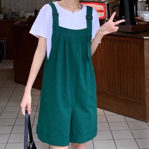 Shoulder work overalls shorts for women summer  new Korean style loose wide-leg pants small design pants