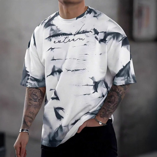 Summer Overseas Trade Men's Short Sleeve T-Shirt with 3D Print, Wholesale Trendy Crew Neck Short Sleeve Fitness Sports Base Layer Shirt