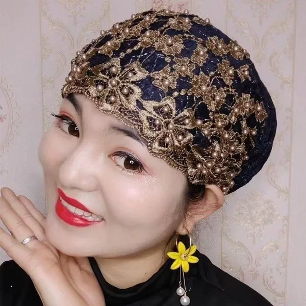 Spring and Summer New Hui Ethnic Style Turban Hat for Women, Casual Beaded Lace Hat, Mom Hat, Hair-Covering Pullover Hat