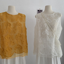 欧玛莱 圆领重工刺绣薄纱拼接背心马甲女宽松气质无袖上衣潮3724