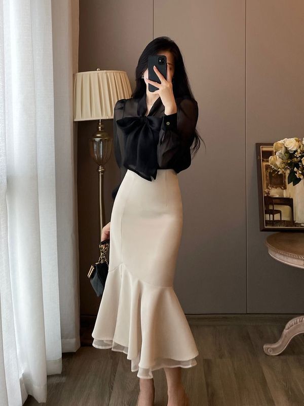法式套装裙女2025早秋新款黑色长袖衬衫高腰包臀鱼尾半身裙两件套|undefined