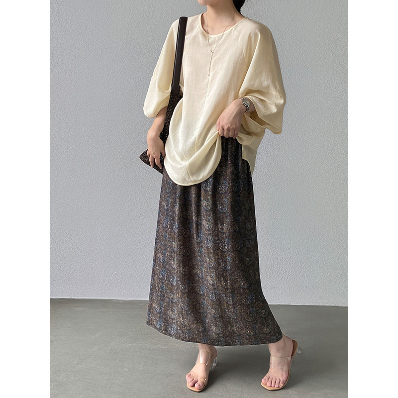 Jiangzuo Retro Lyocell Linen Paisley Print Skirt + Apricot Irregular Shirt Two-Piece Set 6581 Jiangzuo Retro Lyocell Linen Paisley Print Skirt + Apricot Irregular Shirt Two-Piece Set 6581