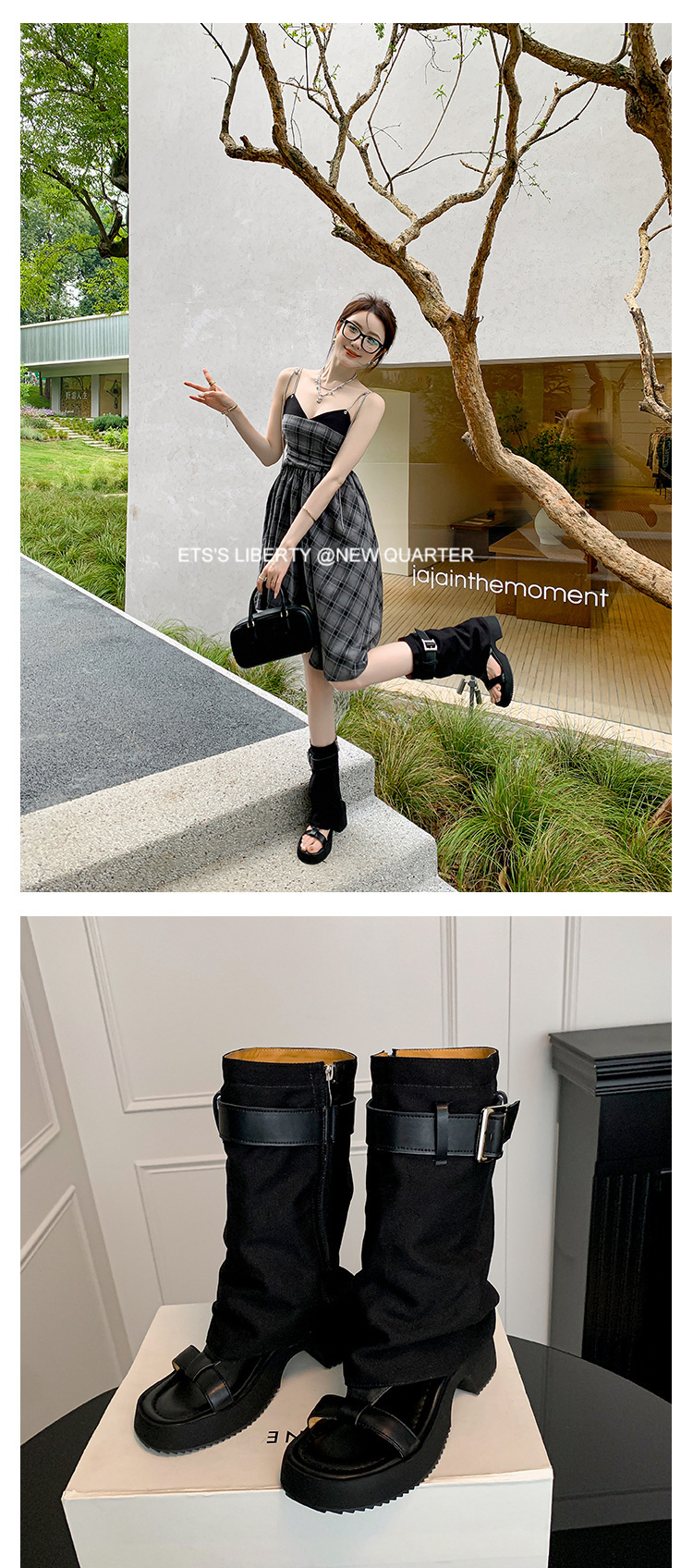 Sandal cao gót hở mũi nữ đế dày gót vuông, quai thắt lưng da bò — Màu đen chi tiết 11