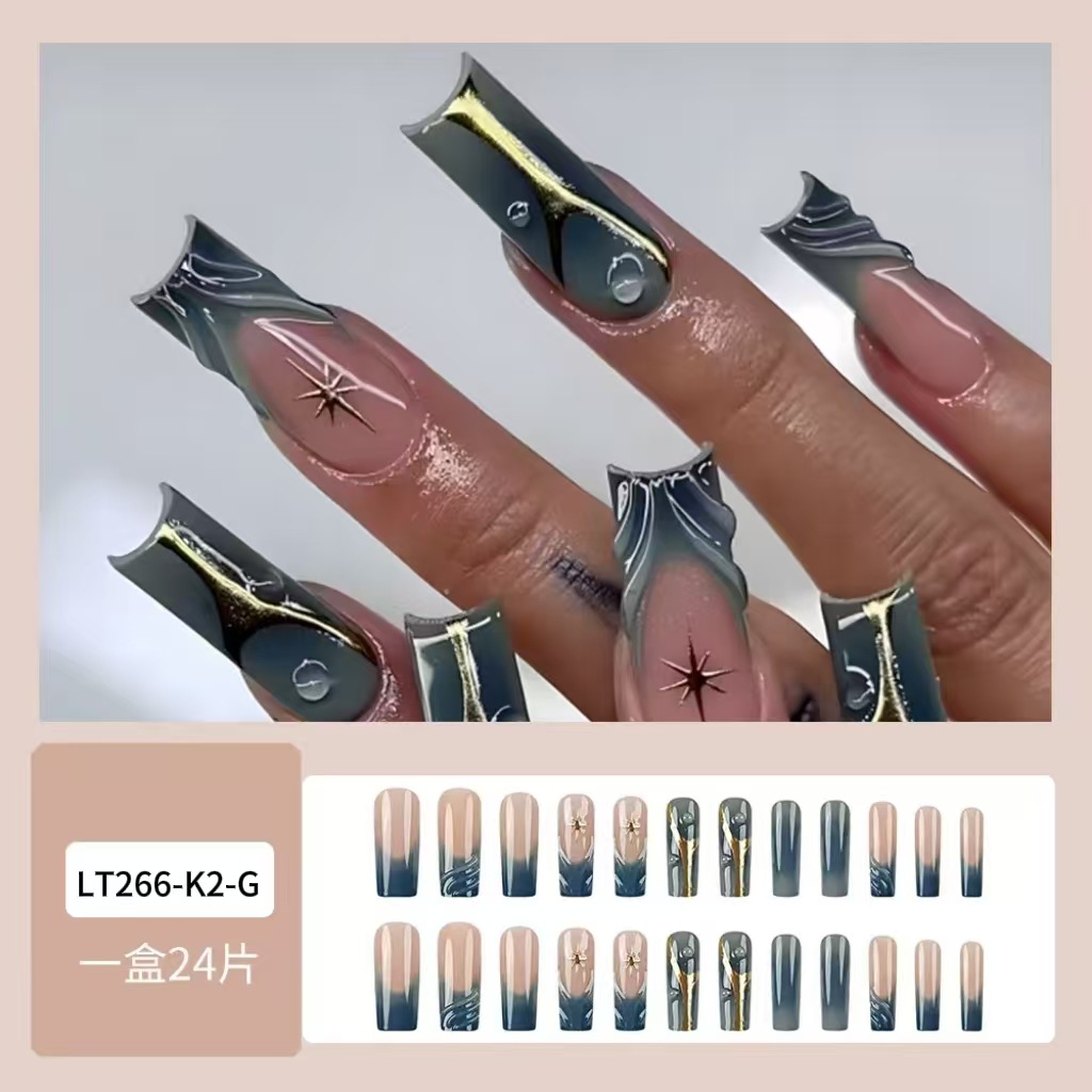 Europa y los Estados Unidos ventas calientes retro 3D manicuras usables estampado de lámina de oro manicuras falsas de sol bordes azules francesas goteo de goma desgaste uñas