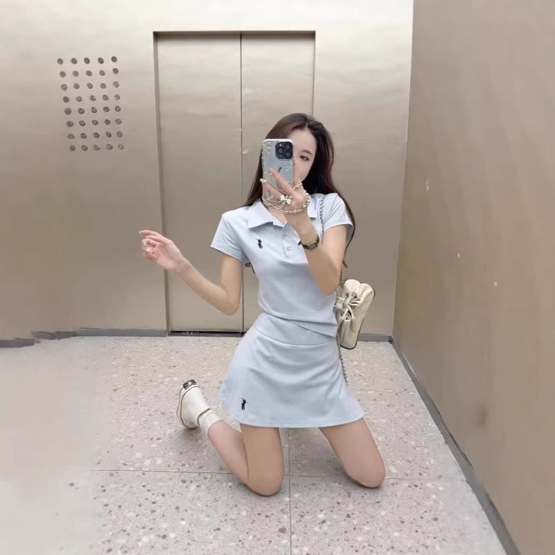Korean Dongdaemun Summer Spicy Girl Sports Youthful Embroidered Top Polo Shirt + Skirt Pants Half Skirt Women's Set