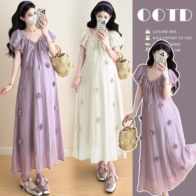 2025 New Summer Maternity Wear Gentle Style V Neck Dress Women's Summer Three-Dimensional Flower Long Skirt