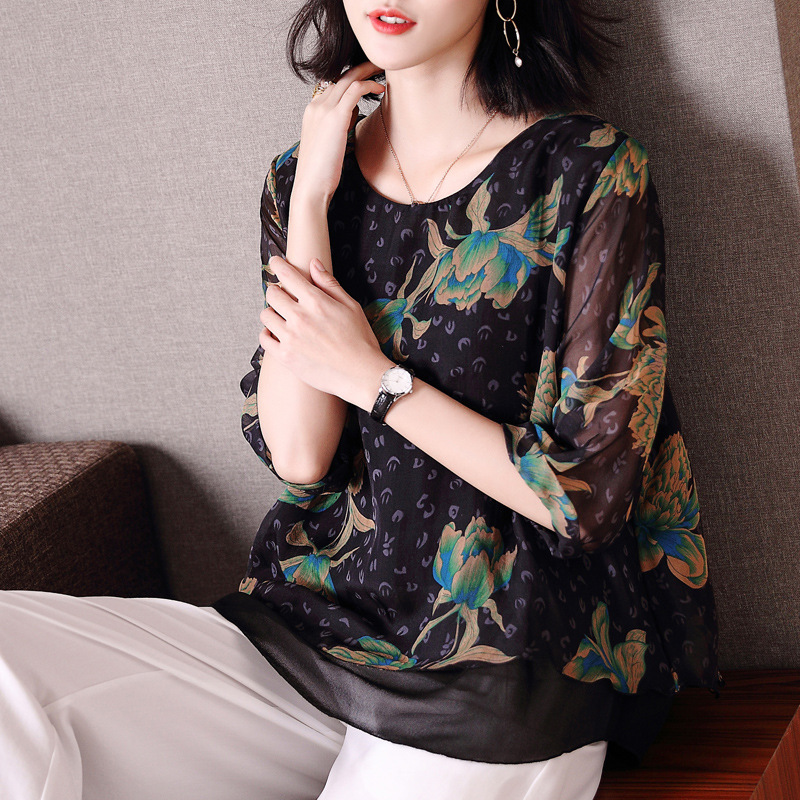 大码女装桑蚕丝七分袖上衣夏新款胖mm民族风宽松阔太太雪纺T恤衫|ms