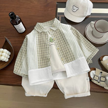 韩国童装男童炸街帅气衬衫春装2025新款小童休闲纯棉拼色格子衬衣