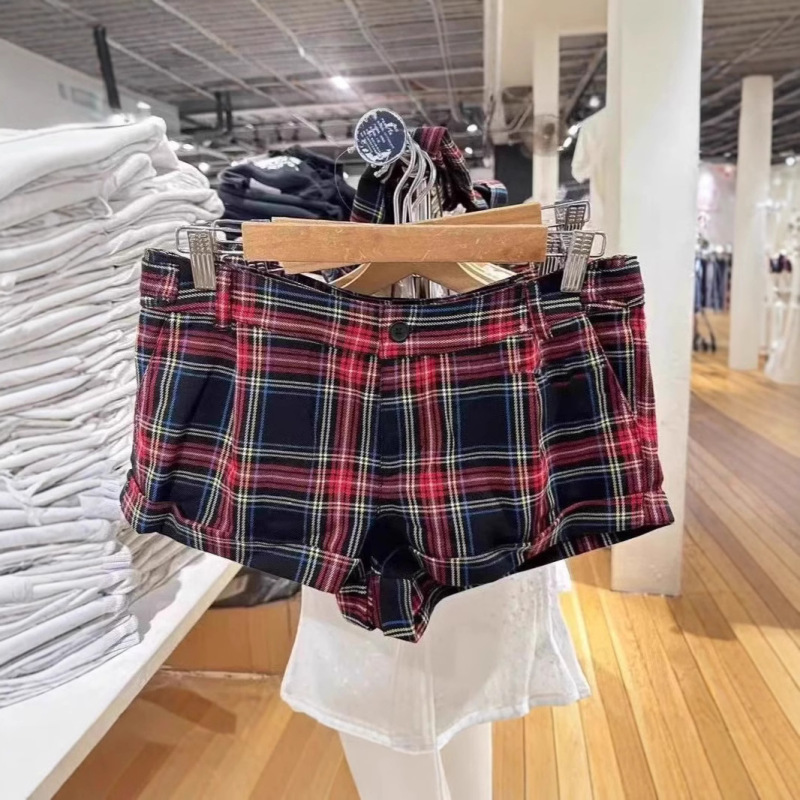 Bm Style Summer New Bm Red Plaid Shorts Sexy Versatile Low-Waist Sports Casual Pants Slimming Hot Pants