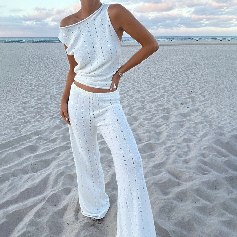 Ärmellose Weste und lange Hose im lässigen Stil für Frühling und Sommer, Strand-Look, gestrickt, geprägt, elegant – Set für Damen (2025)_voghion.com