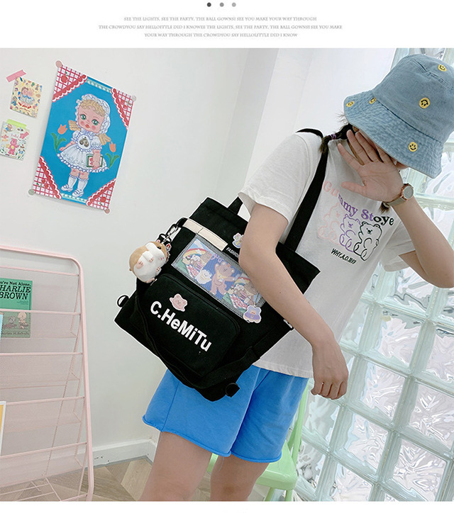Korean-style canvas bag for girls with one shoulder, in the style of Harajuku, ulzzang, with a large capacity and contrasting colors, is a crossbody hand-held schoolbag for classes undefined