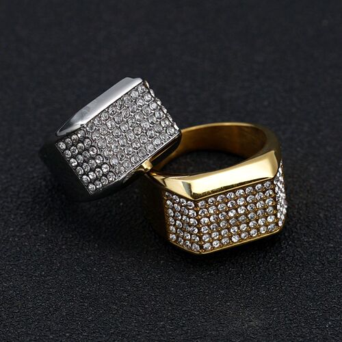 Wish European and American Trendy Nightclub Hip Hop Hiphop Ring Stainless Steel Gold Plated Full Diamond Men's Ring
