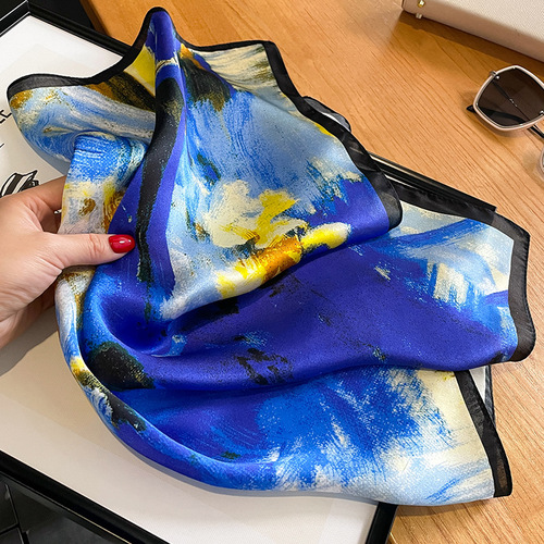 Spring and Autumn New Style Blue Oil Painting Small Square Scarf Women's Silk Scarf Fashionable Shawl Mulberry Silk Scarf Neck Protector