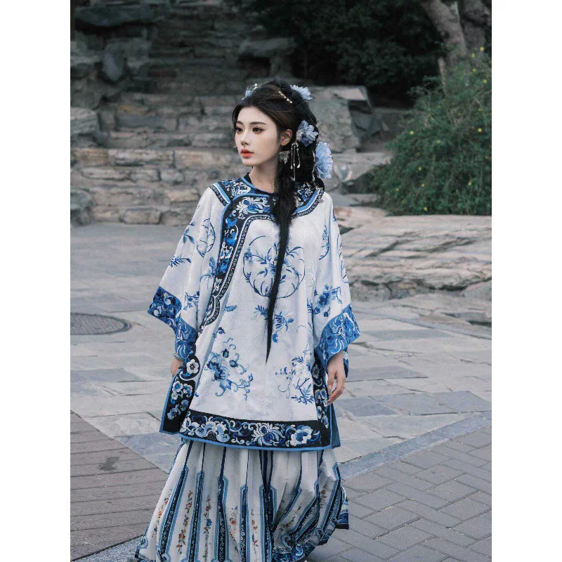 Summer blue and white set, Hanfu, round collar