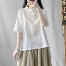 女装夏季新款复古立领刺绣提花中袖常规上衣套头宽松百搭三色茶服
