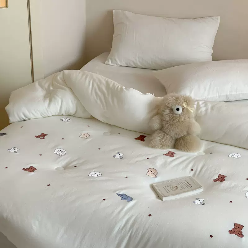 全棉双层皱皱纱刺绣蚕丝大豆抗菌被子被芯水洗双层纱蚕丝被大豆被