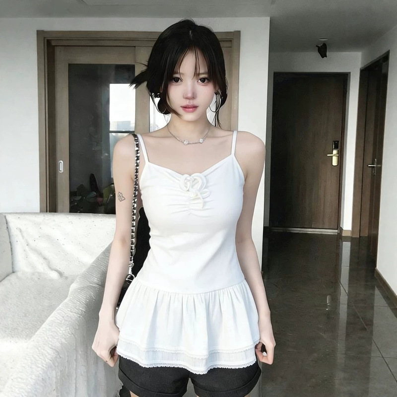 Gentle and Girly Style Tie-Up Solid Color Camisole, New Summer Ballet-Style Slim-Fit Fashionable Sweet Girl Slimming Top