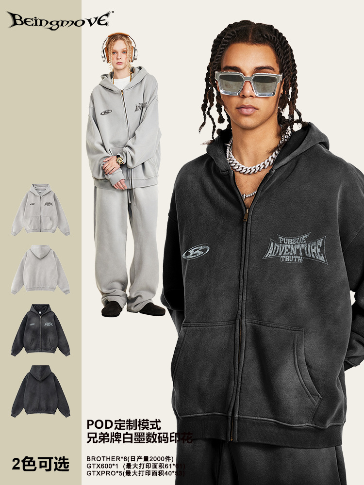 2025 otoño marca de moda retro teñido sucio hacer viejo oversize suelto con cremallera camisa con capuchona hombre transfronterizo