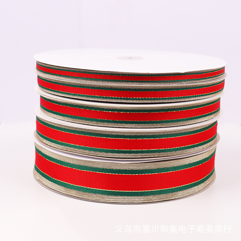 クロスボーダー赤と緑のストライプクリスマススプライシングリボン diy ホリデーデコレーションギフト包装ゴールドワイヤー 3 色クリスマスリボン|undefined