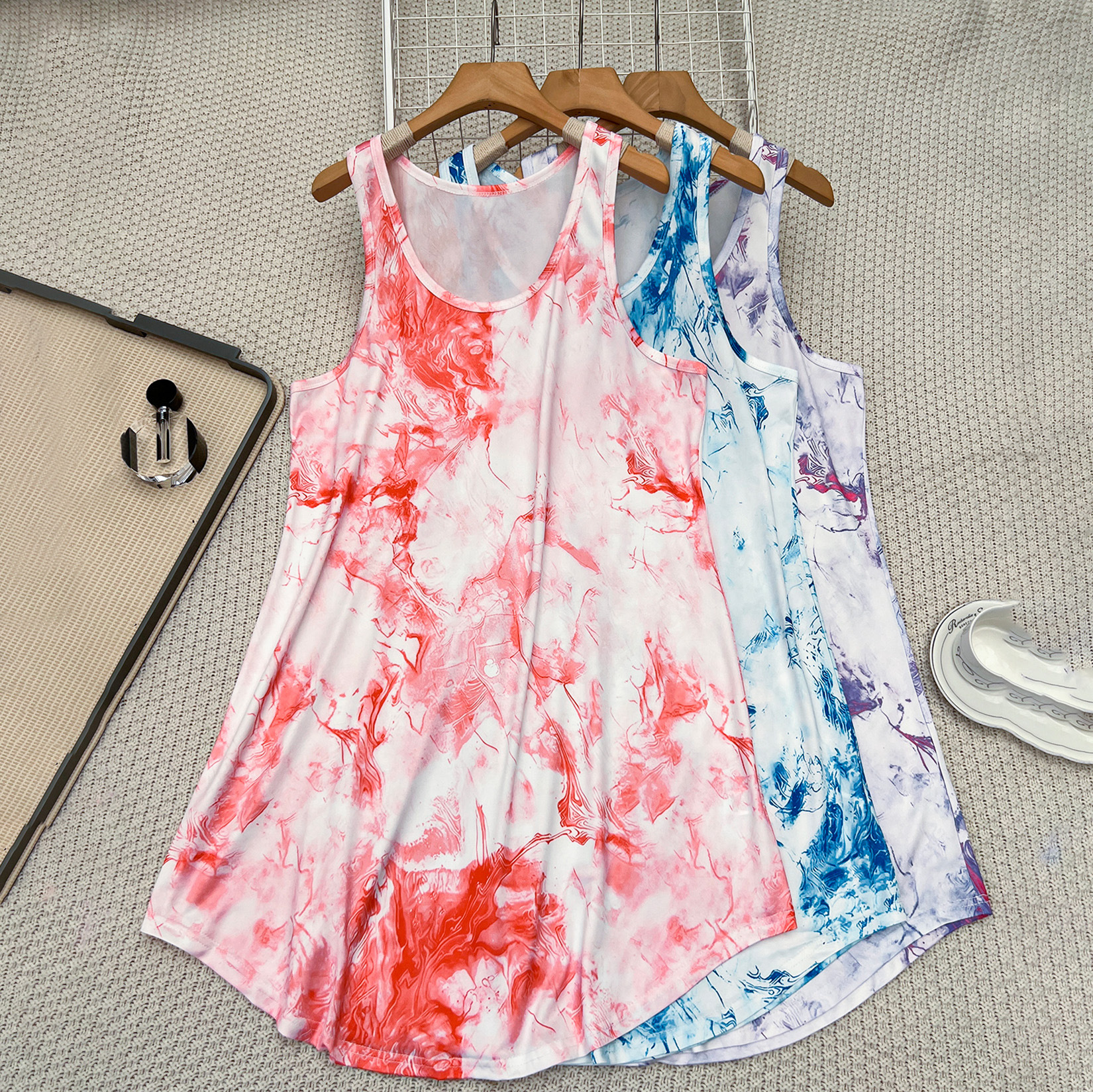 大码涤纶睡衣连衣裙女装无袖套头红蓝紫三件套家居服夏季新款百搭