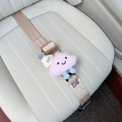 Car seat belt – belt - three-point-anti-strangling-safety-belt-beige-with-white-cap-and-pink-cloud-design