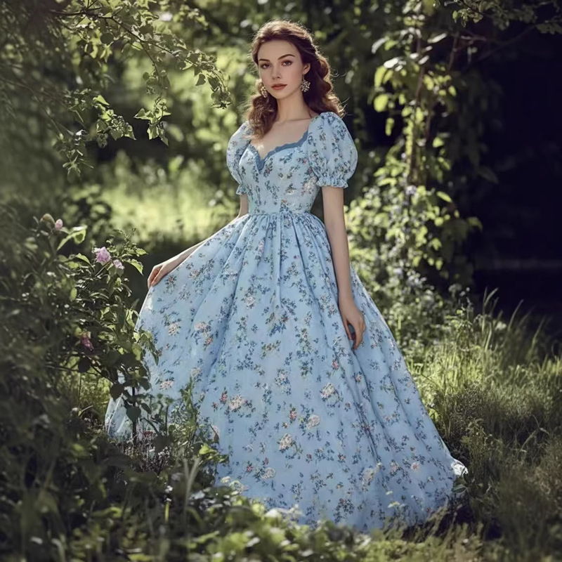 In Stock 2026 European and American Cross-Border Foreign Trade Amazon New Small Floral Print V-Neck Puff Sleeve Women's Dress In Stock 2026 European and American Cross-Border Foreign Trade Amazon New Small Floral Print V-Neck Puff Sleeve Women's Dress