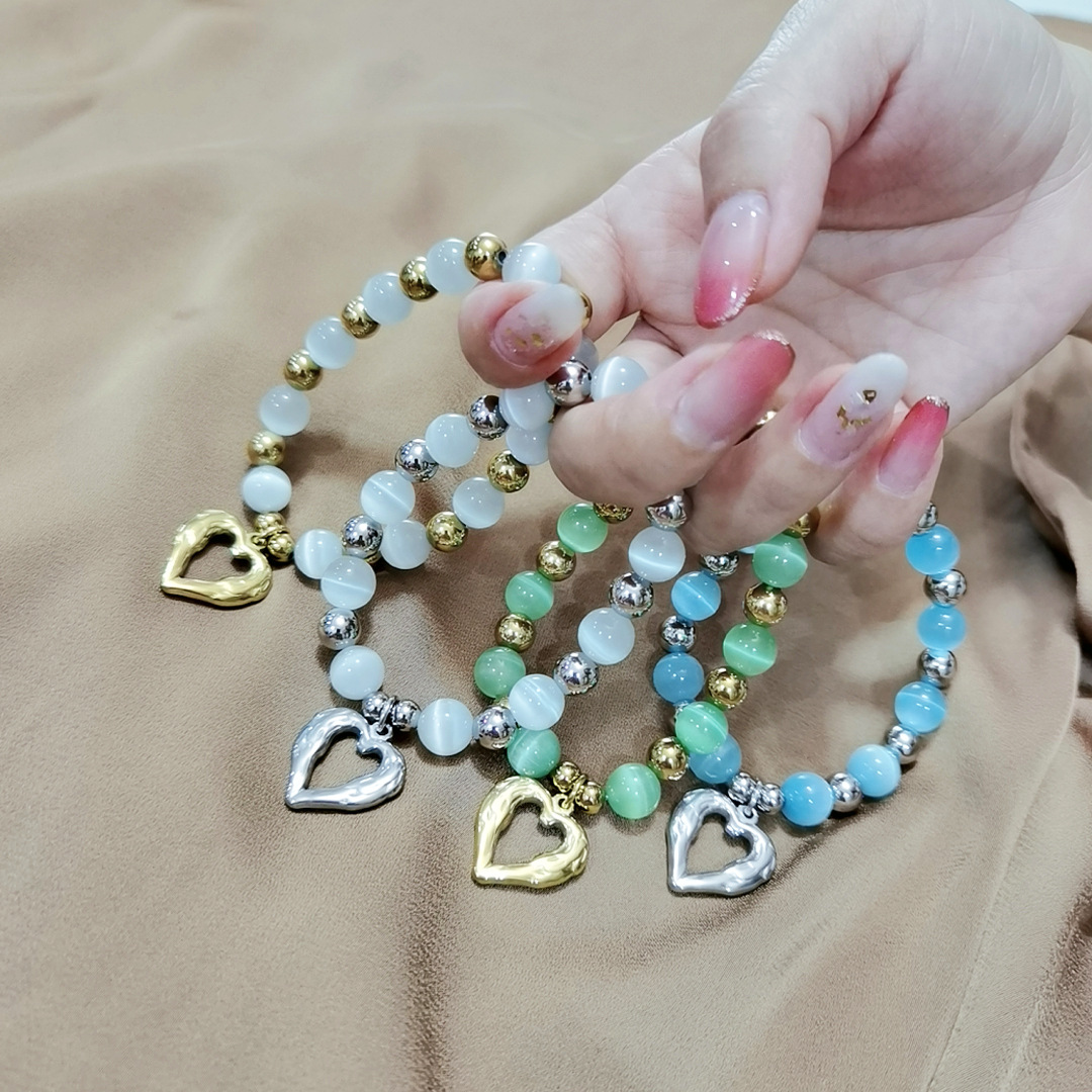 43g Weight Bracelets Classification 304 Stainless Steel Chain Material 1 Piece Quantity Holiday, Daily Occasion 304 Stainless Steel, Cat's Eye Stone Material Heart Shape Pattern Women's Gender Beaded Design Sweet Style Sweet Heart Shape 304 Stainless Steel Cat's Eye Stone Bracelets In Bulk 4